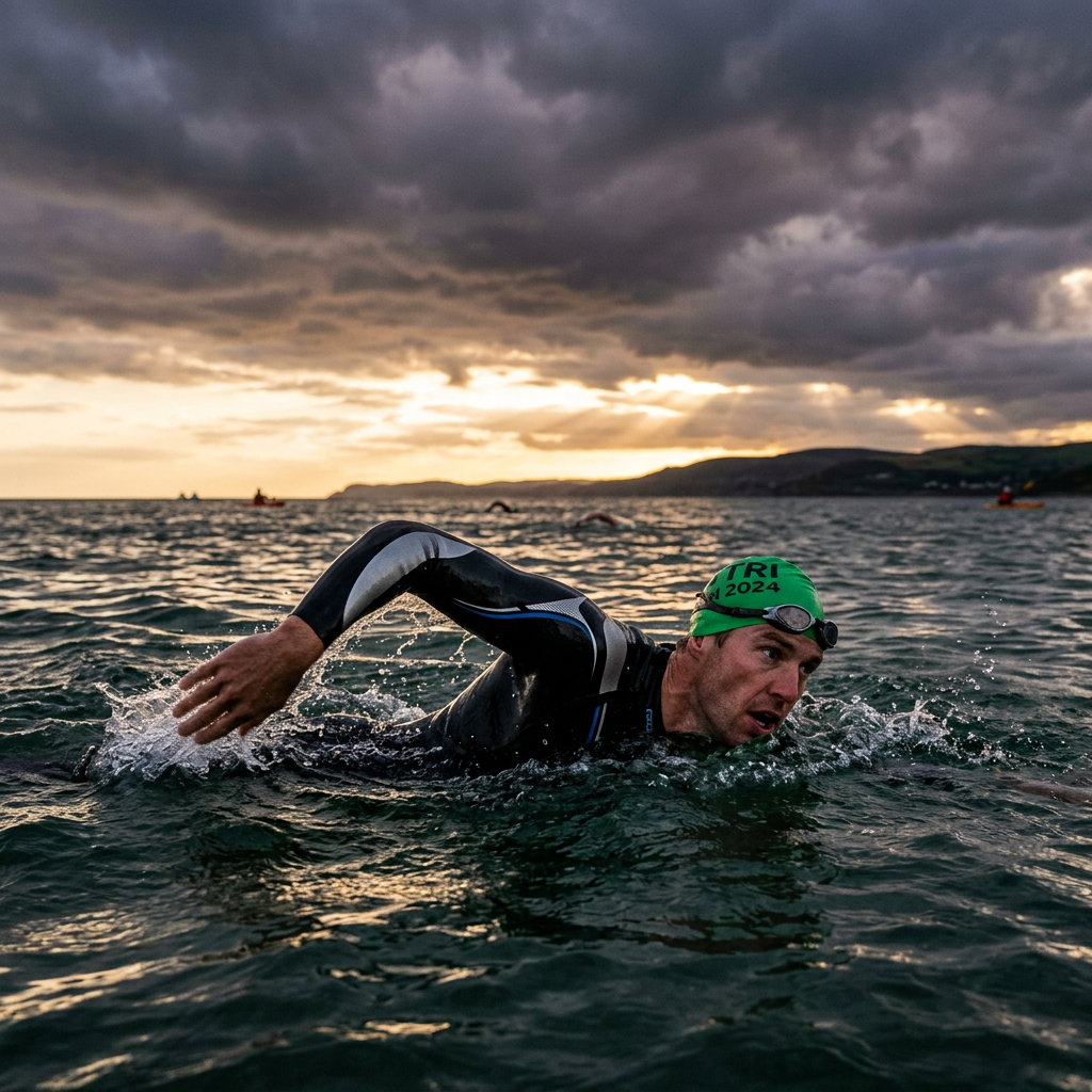 Triathlete swimming in open water wearing wetsuit and green swim cap
