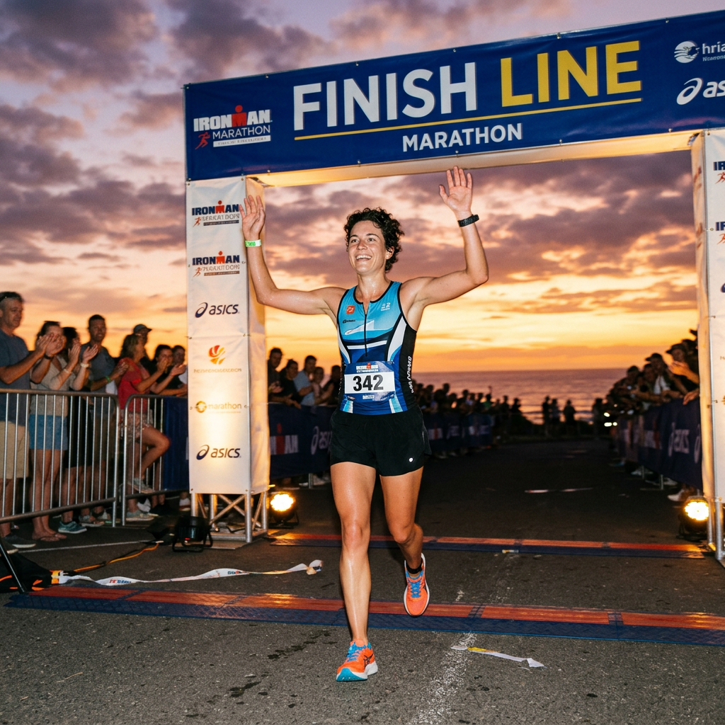Runner crossing marathon finish line with arms raised at sunset