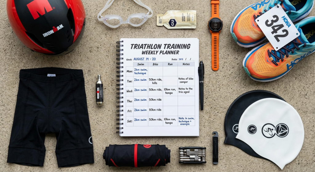 Triathlon training gear and weekly planner with swim, bike, run schedule